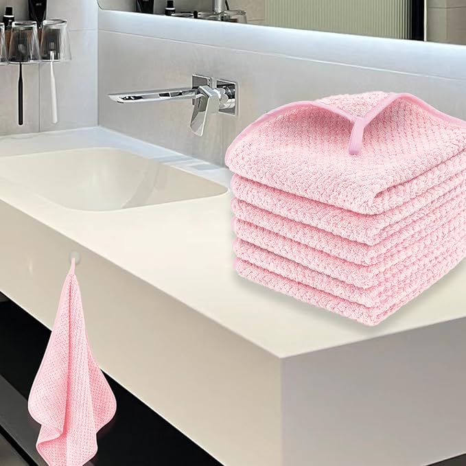 MaopaoBeauty 6 Piece Washcloth Set,100% Microfiber - Quick Dry, Thick, Soft, Plush and Highly Absorbent Luxury Hotel & Spa Bath Towel for Bathroom, Pack of 6, Pink
