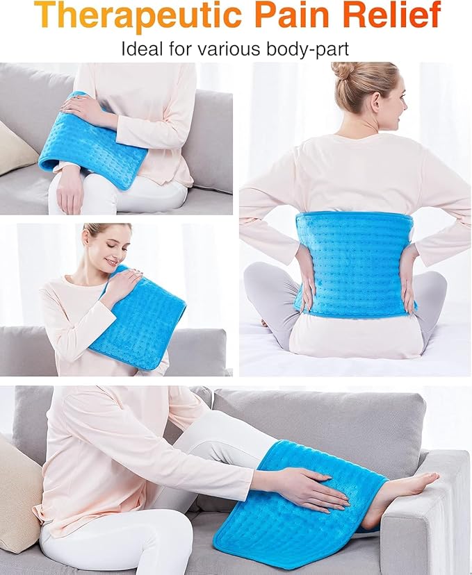 WOOMER Extra Large Heating Pad, 17"x33" XL Heating Pad, Heat Pad with Multi-Color Option, Moist Heat Therapy Feature, Auto Shut-Off, Power Cords Storage Belt, Blue