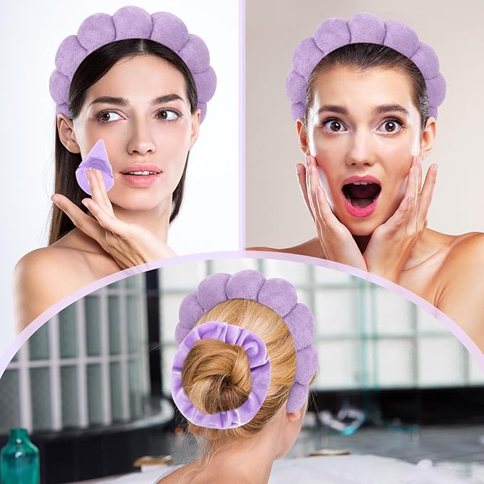7Pc Puffy Spa Headband and Wristband Set for Washing Face, Skincare With Scrunchies, Powder Puffs, Sponge, Makeup Removal - Terry Cloth for Mask - Purple