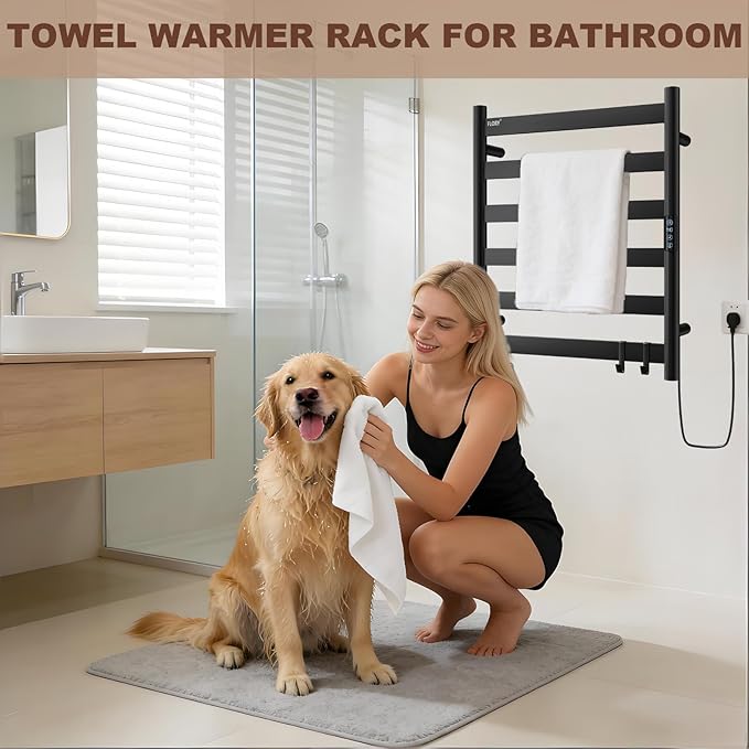 R FLORY Heated Towel Rack for Bathroom, 6 Bar Wall Mounted Towel Warmer Racl Flat with Timer & Temperature, Electric Towel Heater with LED Display Screen, Plug-in,Matte Black
