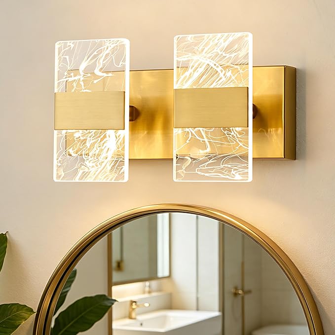 Modern LED Bathroom Light Fixtures Dimmable 2-Light Gold Vanity Light, 5CCT Adjustable Lighting Fixture Vanity Lights Over Mirror, Smoked Acrylic LED Vanity Lights for Bathroom