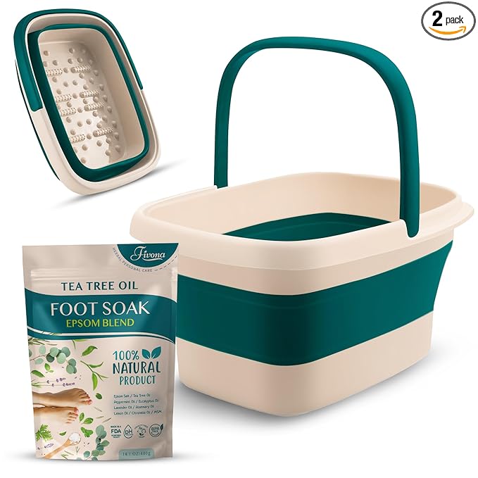 Fivona Foot Care Kit 2 in 1 - Foot Soak Blend with Epsom Salt, Tea Tree & Essential Oils - Collapsible Foot Soak Basin - Pedicure Spa Soak for Tired Feet, Cracked Heels, Stubborn Foot Calluses