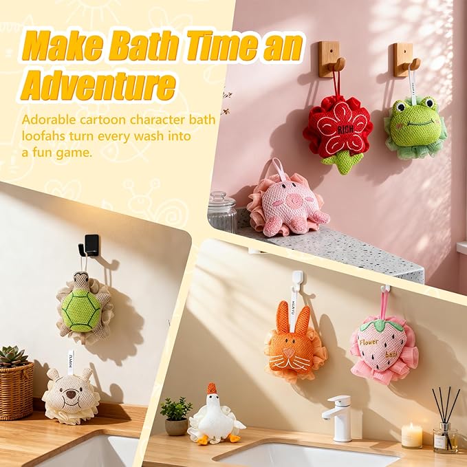 Kids Loofah, Cute Cartoon Animal Kids Bath Sponge with Hanging Rope, Soft Double Mesh for Rich Lather (Money Flower)