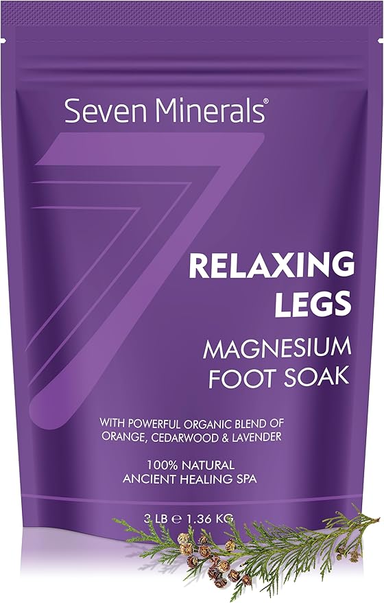 Seven Minerals Relaxing Legs Magnesium Chloride Flakes 3lb – Absorbs Better Than Epsom Salt - Unique Foot Soak Formula for Tired Legs and Leg Cramps - with Orange, Cedarwood & Lavender