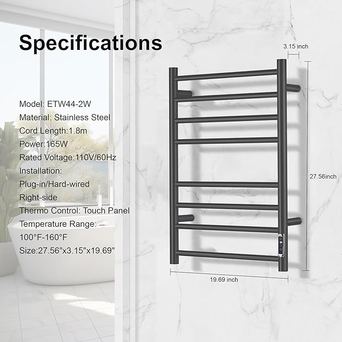 Towel Warmer Bathroom Wall Mounted Drying Rack Plug-in Electric Heated Towel Rack Stainless Steel Black with Timer & Temperature Control 8 Bar