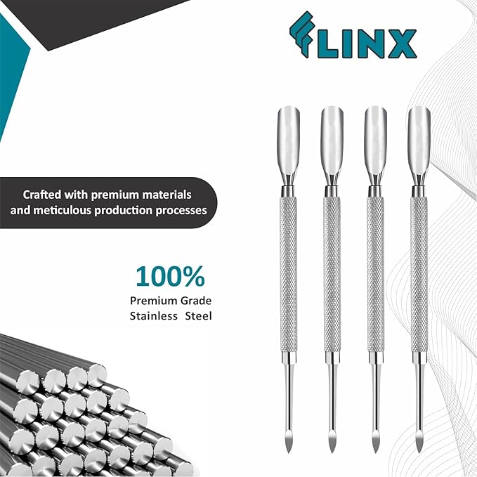 FLINX Metal Cuticle Pusher Tool 4 Pc Nail Manicure Tools Nail tools for Manicure & Pedicure, Metal Cuticle Pushers and Scraper, Nails Cuticles Pusher Cuticle Tools for Nails
