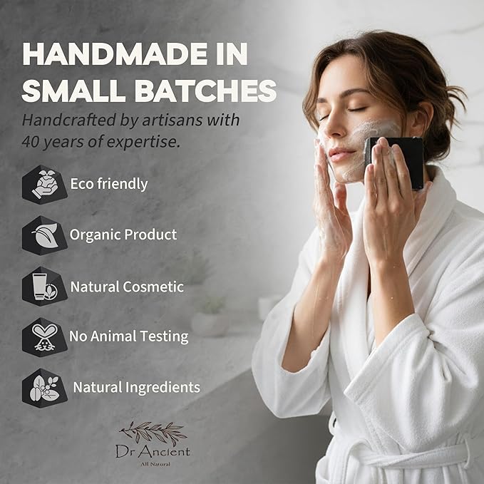 Dr. Ancient Natural Charcoal Soap Bar Traditional Way Handcrafted Charcoal Black Soap for Face & Body, Deep Cleansing, Detoxifying, Pore-Minimizing, Activated Charcoal-Soaps, Vegan, Chemical-Free