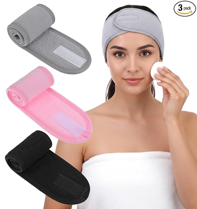 3 Pack Face Wash Headband, Adjustable Spa Headbands for Women, Non-Slip Terry Cloth Headband for Facial, Makeup & Shower, Soft Stretchable Hair Band