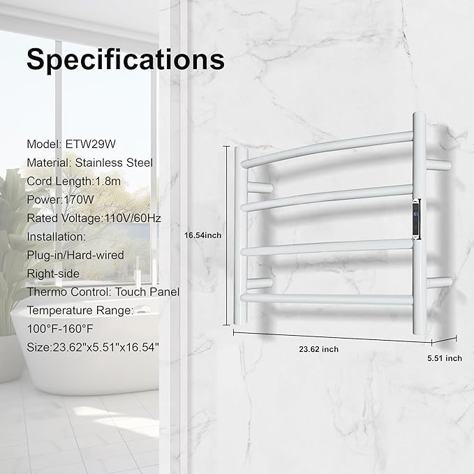 Towel Warmer with Built-in Timer Bathroom Wall Mounted Bath Towel Heater Plug-in Electric Heated Towel Rack Stainless Steel Curved Round Oil Rubbed Drying Rack 16.54x23.62x5.51 inches White