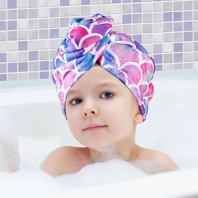 MADHOLLY Fast Drying Microfiber Hair Towel for Kids Women - 2 Packs Soft Super Absorbent Hair Towel Wrap with Button, Anti-Frizz Turban for Thicker Curly Long Hair, Mermaid Pattern Gift for Girls