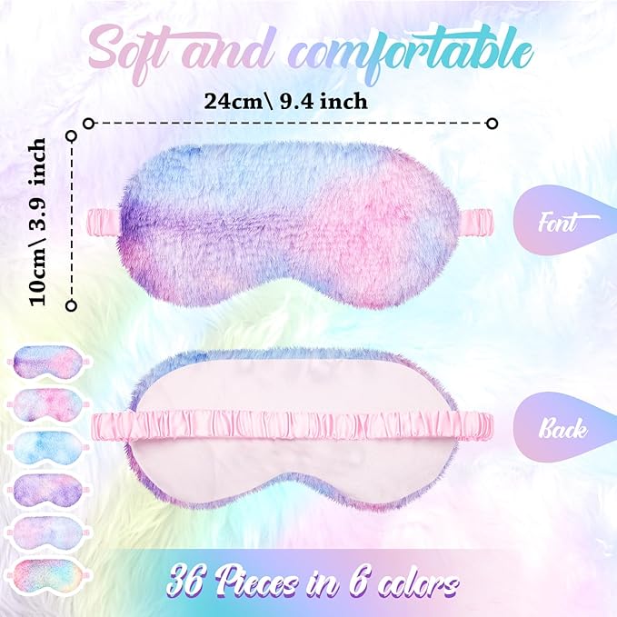 Geyoga 36 Pcs Plush Sleep Eye Mask Silk Furry Eye Covers for Sleeping Cute Sleep Mask Fluffy Comfortable Sleeping Blindfold for Travel Sleepover Nap Party Supply Girls Women, Rainbow Color