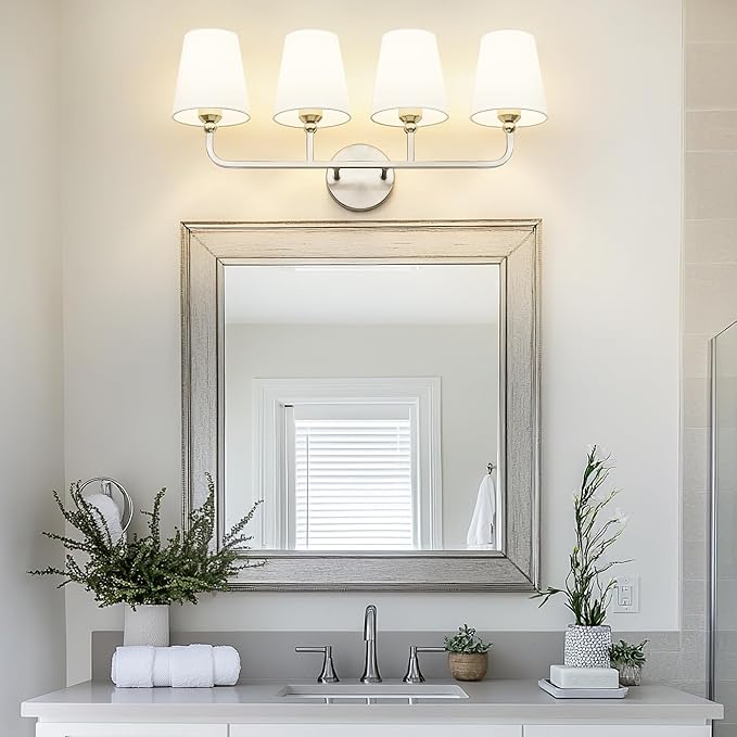Bathroom Light Fixtures, 4 Light Vanity Lights with Flared White Fabric Shade, 28 Inch Brushed Nickel Wall Sconce, Modern Sconces Wall Lighting for Hallway Bedroom, VL837-BN-4