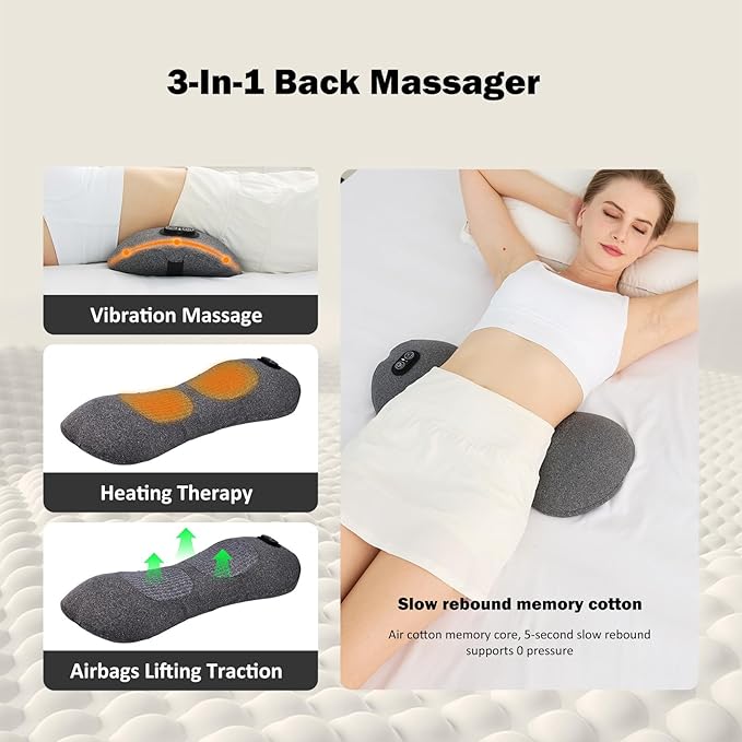 3-in-1 Rechargeable Smooth Triple Fusion Back Massager with Heat, Vibration, Traction, Electric Lumbar Support Pillow for Sleeping, Office, Car, Home