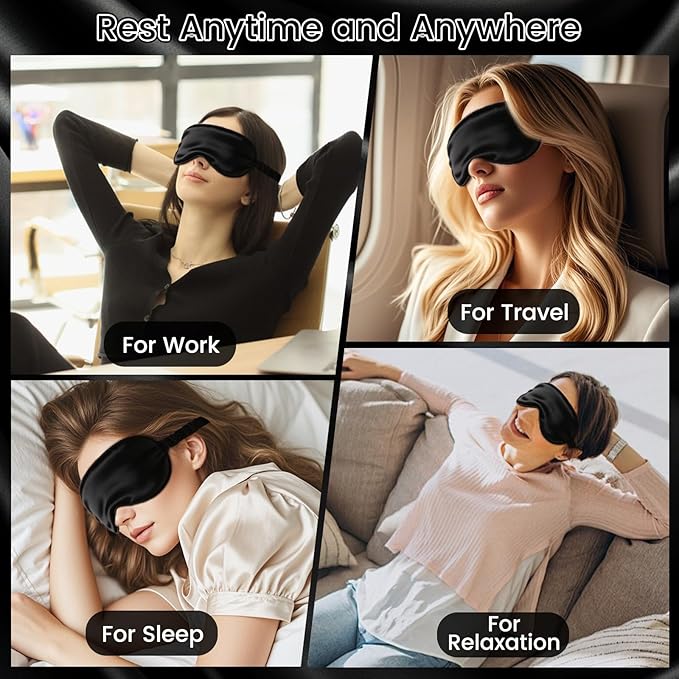 100% Pure Mulberry Silk Eye Mask - 22 Momme Adjustable Strap, Light Blocking, Silk Storage Bag & Gift Box - for Sleep/Travel/Gift, Sensitive Skin Friendly (Black)