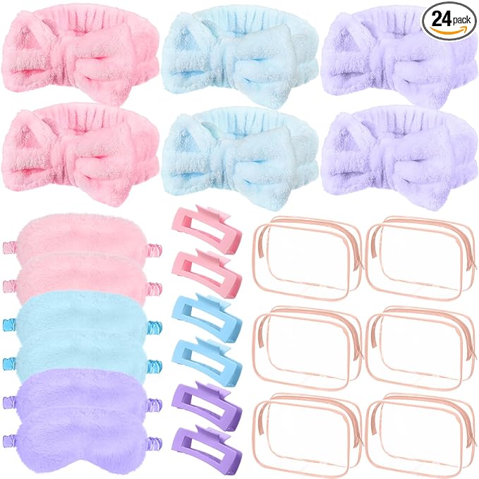 Hoteam 24 Pcs Spa Party Favors Supplies 6 Spa Headband 6 Plush Sleep Eye Mask 6 Hair Claw Clips 6 Clear Cosmetic Bags for Adult Sleepover Slumber Party Graduation Gift(Pink,Blue,Purple)