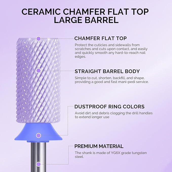MelodySusie Ceramic Nail Drill Bits, 3/32'' Chamfer Flat Top Large Barrel Bits, Fast Remove Acrylic or Hard Gel, Nail Tool for Manicure Pedicure, Salon Home, Professional or Beginner, Purple, Medium