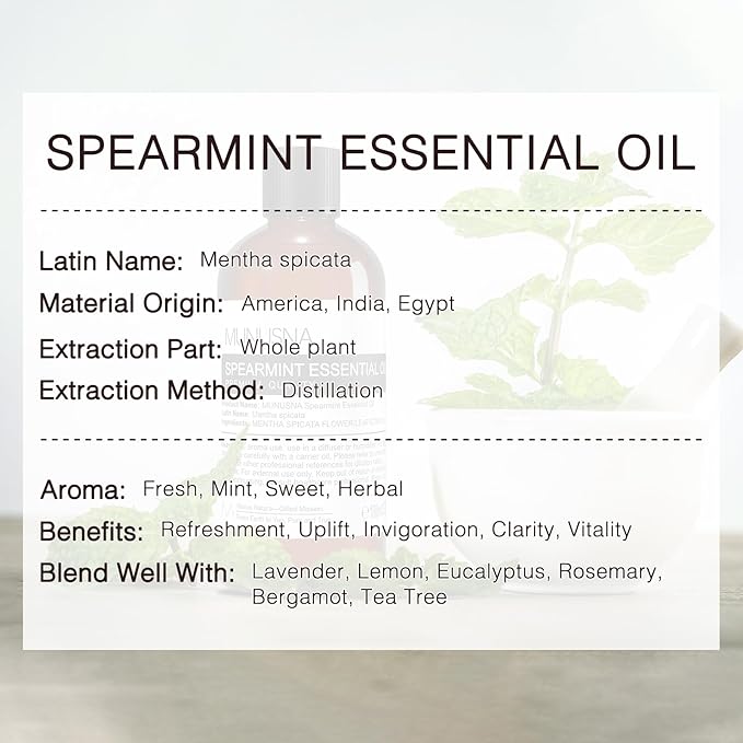 Spearmint Essential Oil 100ML, 100% Pure Spearmint Oil Aromatherapy Oil for Diffuser, Skin Hair Care, Massage, Yoga, Home, Soap and Candle Making
