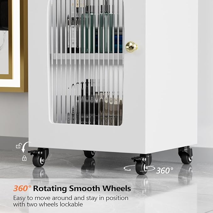 OmySalon Salon Cart with Wheels, 3-Tier Rolling Beauty Cart with Glass Door & Dryer Holder, Mobile Hair Styling Station for Barber, Spa, Esthetician, Nail & Tattoo Artists, Lockable Storage, White