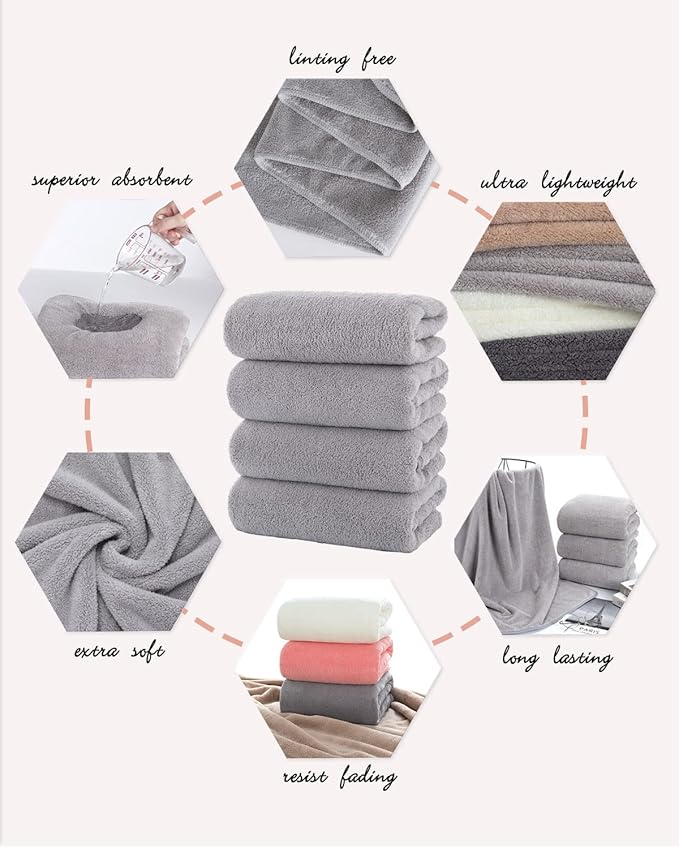 Lumimi Towels 4 Piece Soft Microfiber Bath Towel Set Salon Gym Yoga Travel Incredibly Absorbent Lightweight Quick Dry and Durable, 55" L x 27" W, 4 Pack Light Grey