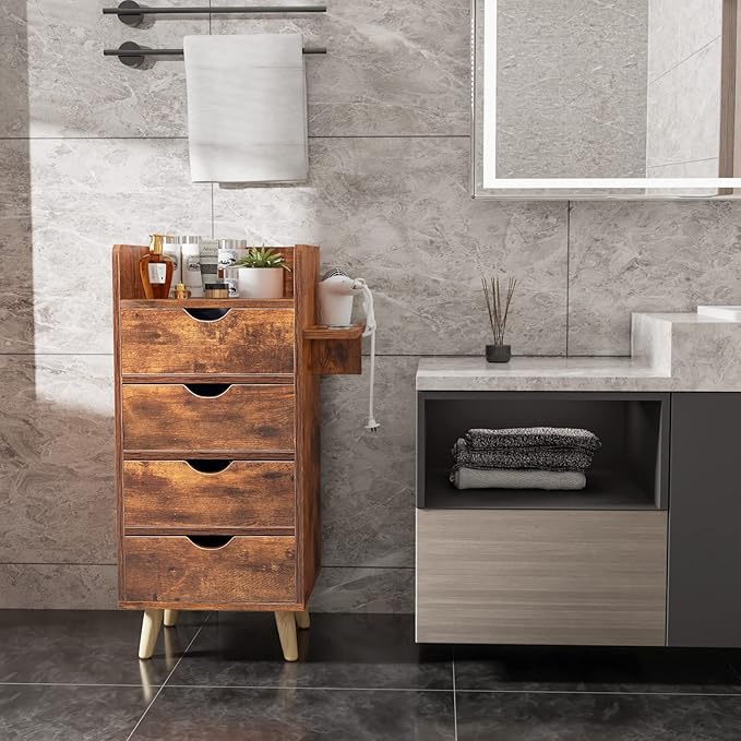 OmySalon 4 -Layer Salon Station Storage Cabinet, Beauty Barber Styling Stations, Hair Stylist Station Equipment with 2 Hair Dryer Holders, 4 Drawers and Raised Table Legs, Rustic Brown