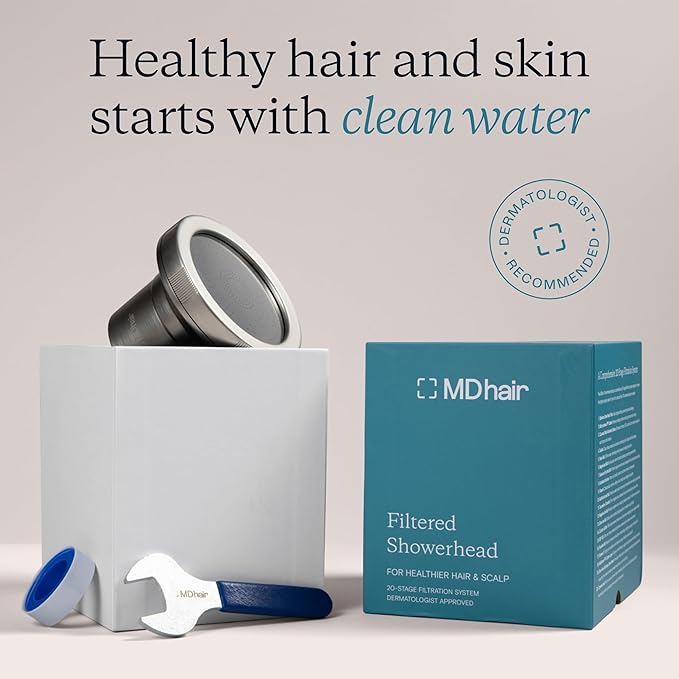 MDhair Filtered Shower Head for Healthier Hair & Skin – Removes Chlorine & Heavy Metals, High Pressure Shower Head Filter for Hard Water, Dermatologist-Formulated Water Softener for Hard Water