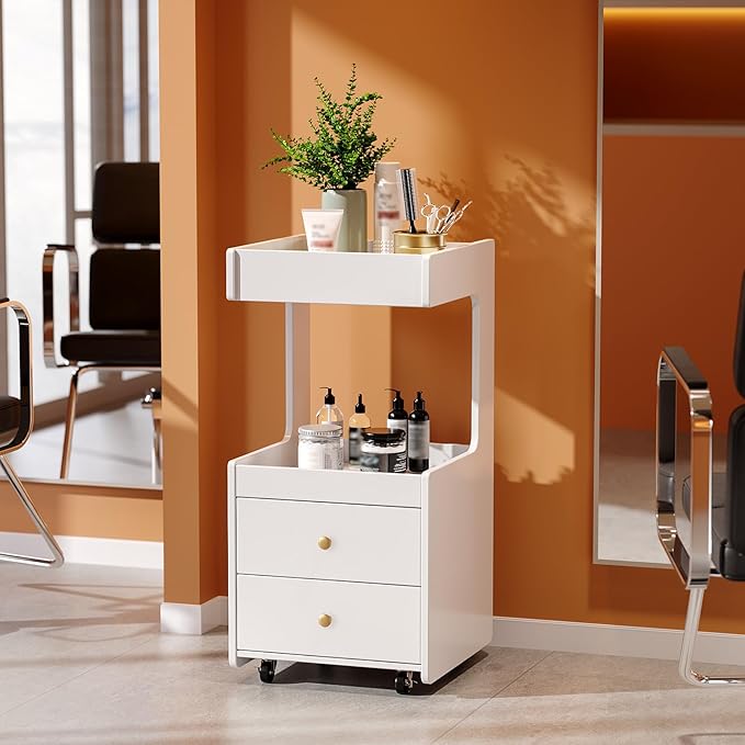 Salon Trolley Cart, Esthetician Cart with 2 Drawer & 2 Trays, 2 Lockable Wheels Hair Styling Station, Tool Organizer Storage Cabinet for Beauty Spa Barbershop, White