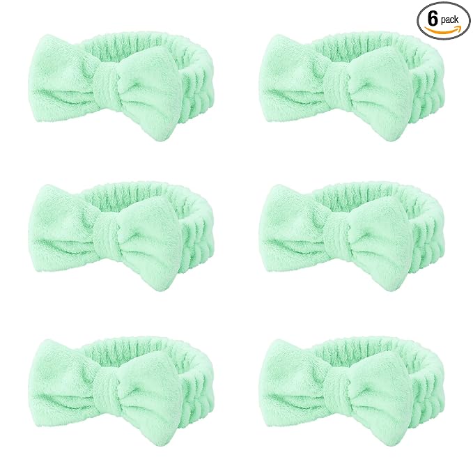 Casoty 6 Pcs Green Spa Headbands, Skin Care Headband, Soft Coral Fleece headbands for makeup, Bow Hair Band for Face Washing Shower Skin Care Yoga