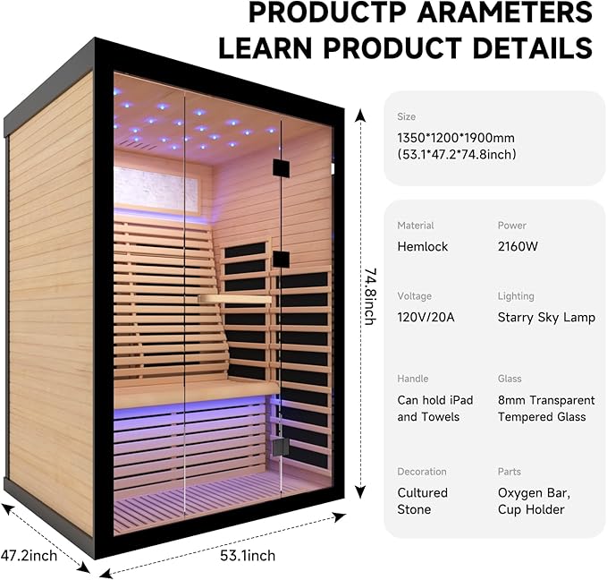 OUTEXER Sauna for 2 Person Far Infrared Saunas 2100W 120V Room Home Canadian Hemlock Indoor Low-EMF Dry Saunas with with Oxygen Bar 7 Color Light 53.1 * 47.2 * 74.8inch