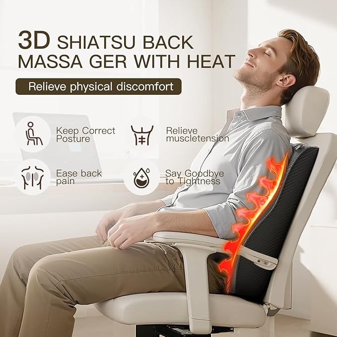 Back Massager with Heat, 4D Kneading Electric Massager for Neck Back Shoulder Leg Pain Relief, Cordless Portable Rechargeable for Home Office Car Use on Couch Bed, Valentine‘s Day Gift for Men Women