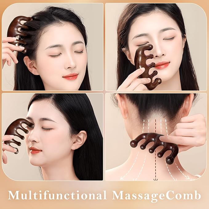 2 Pack Wooden Wide Tooth Hair Comb and Head Massage Tool - Handmade 100% Natural Green Sandalwood Meridian Scalp Massager