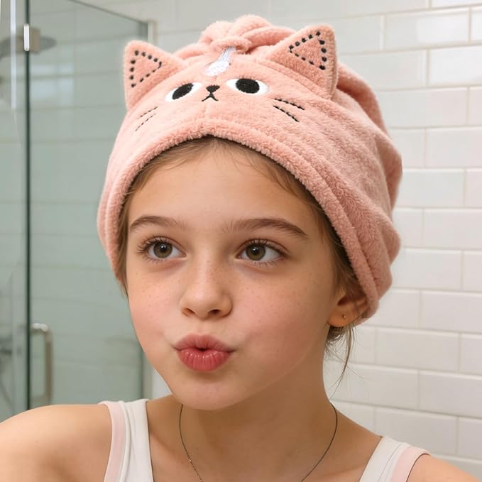 2Pack Microfiber Hair Towel Wrap for Kids, Cute Cat Absorbent Hair Drying Turbans Head Towels for Women Girls (Pink and Khaki Cat)