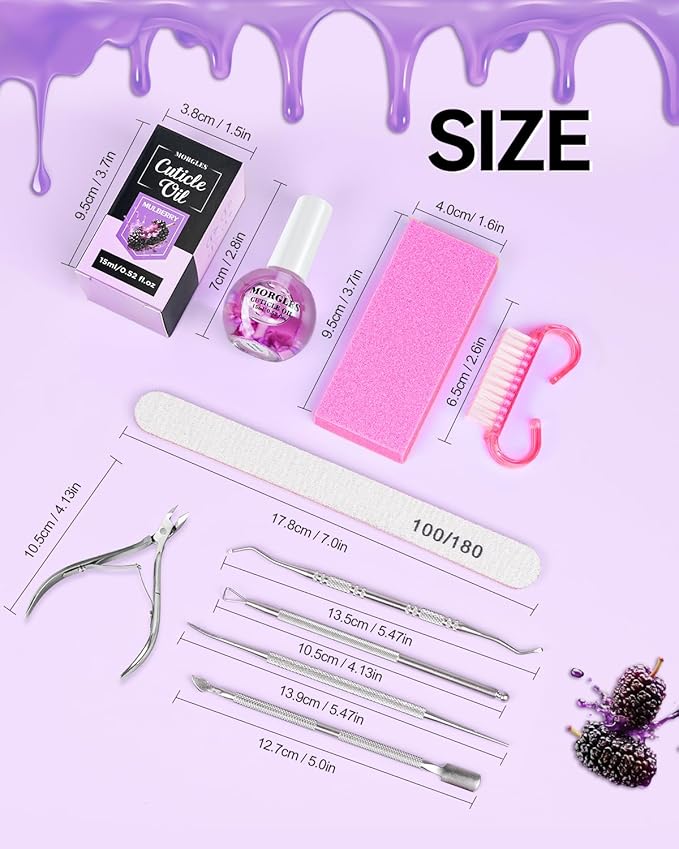 MORGLES Nail Care Kit, Manicure and Pedicure Tools Kit, 3 Nail File 100/180, 3 Buffer Block, Mulberry Cuticle Oil, Trimmer and Pusher