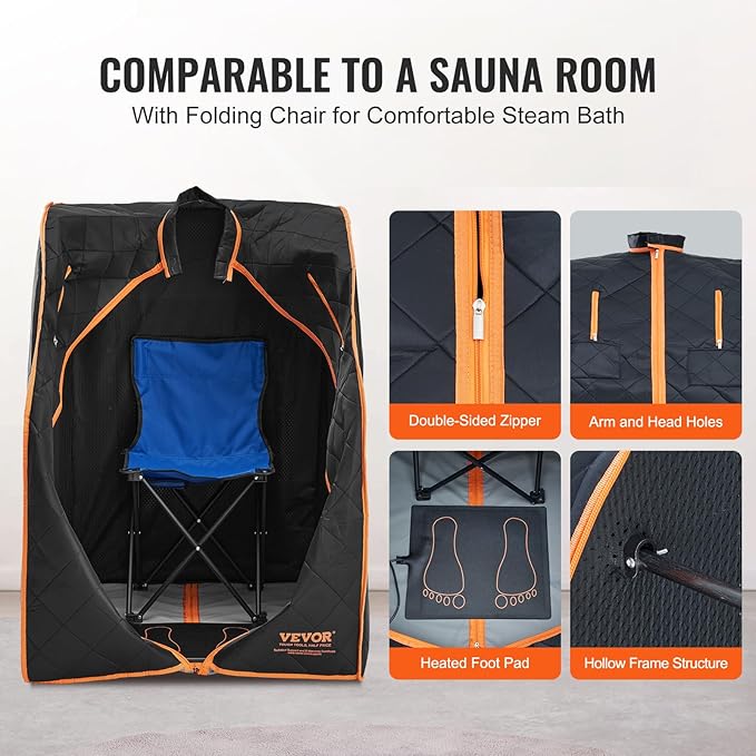 VEVOR Infrared 1050W Portable Sauna Tent Personal Sauna Kit for Home Spa, Detoxify & Soothing Heated Body Therapy, Time & Temperature Remote Control with Chair & Floor Mat, 2.2’x 2.6’x 3.2’