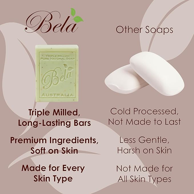BELA Sandalwood Soap 3.3 OZ, Pack of 12 French Triple Milled Bar Soap with Organic Shea Butter, Hand, Face and Body Wash Bar, Made in Australia