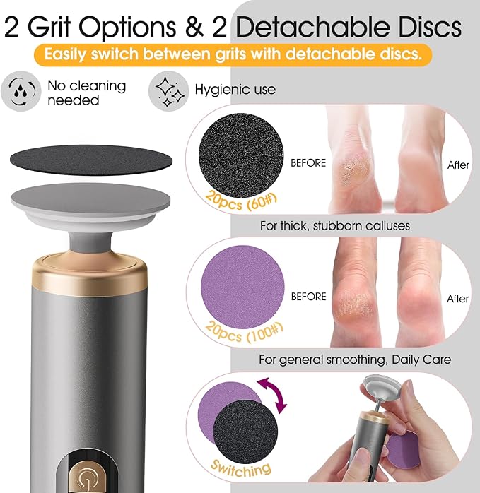 Electric Foot Callus Remover Rechargeable for Dry Foot Skin,FSA&HSA Electric Foot File for Dead Skin & Cracked Heel,Foot Callus Shaver with 2 Detachable Discs & 40 Sanding Papers