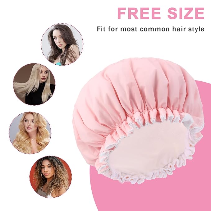 Reusable Shower Caps for Women, Pink Terry Cloth Lined Shower Cap Double Layer Reusable Bath Cap Waterproof Elastic Band Hair Cap for All Hair Lengths for Women Spa Home Salon Use(Pink)