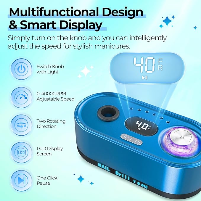 JOSGLOI Electric Nail Drill Professional: 40000RPM Electric Nail File Kit E File Nail Drill Machine with LCD Display for Acrylic Gel Nail, Manicure Pedicure Polishing Nail Grinder for Salon Home Use