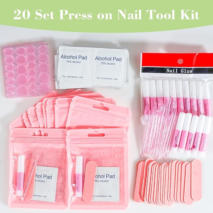 Press On Nail Tool Kit with Everything, Bebbtiy Nail Prep Tool Disposable Manicure Kit with Nail File, Nail Glue, Prep Pads, Adhesive Nail Tabs,Wood Stick, Packaging Bag (20pcs-pink)