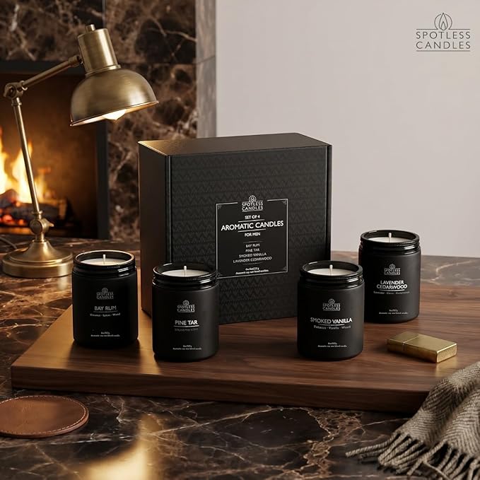 Scented Candles for Men - Soy Candles in Gift Box & Protective Shipper - Men Candle Set x 4 - Cedarwood & Lavender/Bay Rum/Pine Tar/Smoke & Vanilla - Spotless Leopard