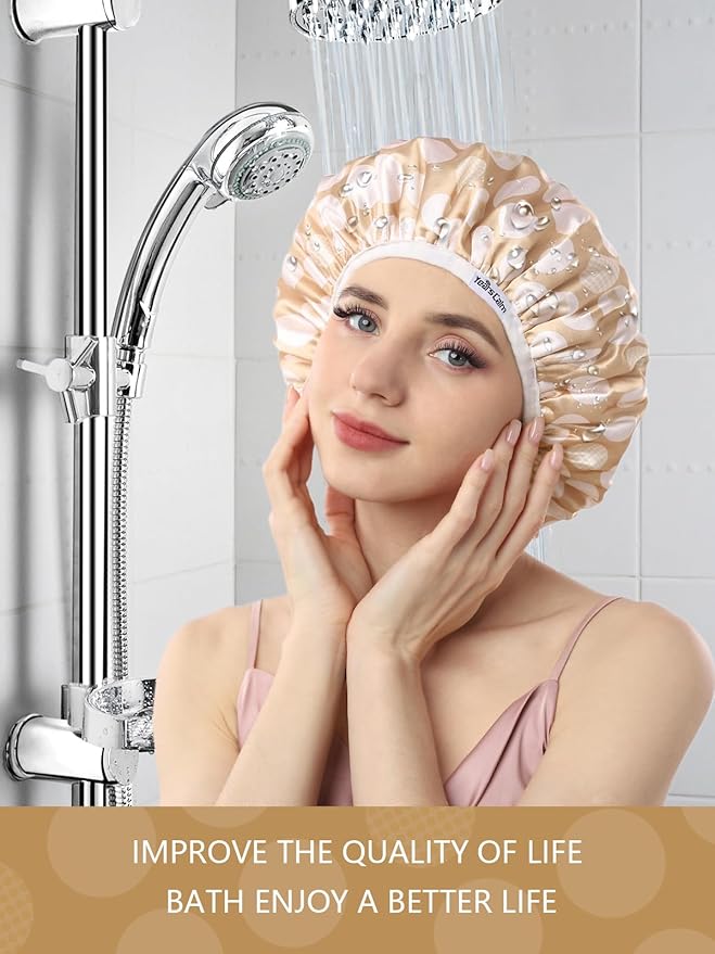 Years calm Terry Lined Shower Cap, Triple Layer Heart Motifs,Waterproof Reusable Elastic,Hair Shower Cap for Women,Terry Cloth Shower Caps for Spa,Clean,Trave (Beige, One Size)