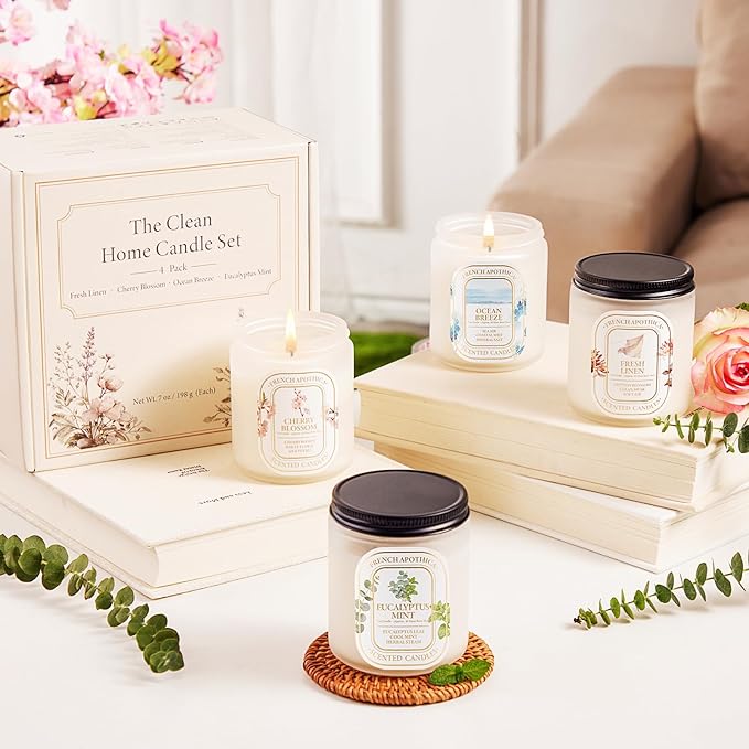 Scented Candle Gift Set, 4 Pack 7oz Natural Soy Wax Aromatherapy Candles, Fresh Linen, Ocean Breeze, Cherry Blossom, Eucalyptus Mint, Ideal Gifts for Women
