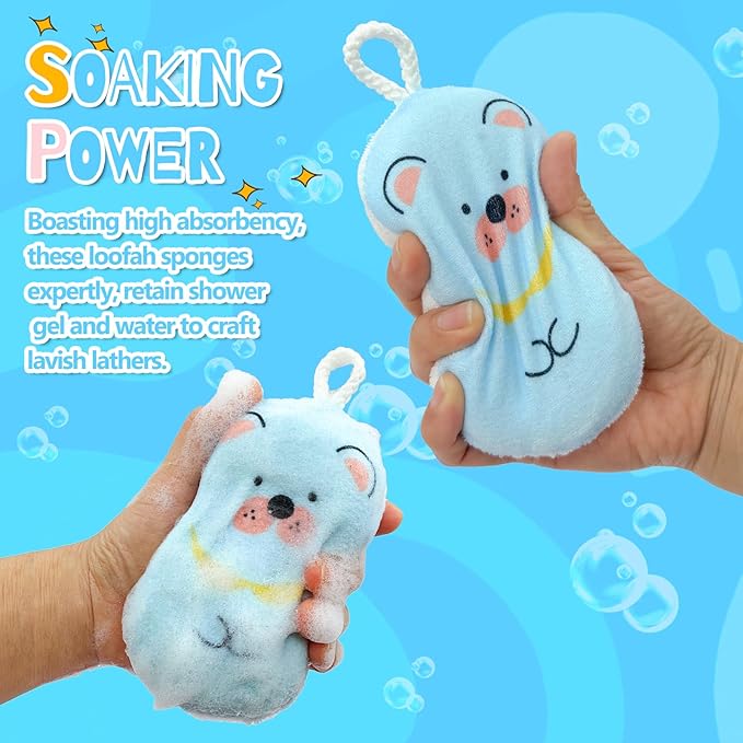 Baby and Kids Bath Loofah Sponge, Soft and Absorbent Toddler Exfoliating Body Scrubber Shower Loofa Sponge,Cute Pattern Design for Kids Baby Women Boys and Girl, 3 Pack (Bear/Dog/Cat)