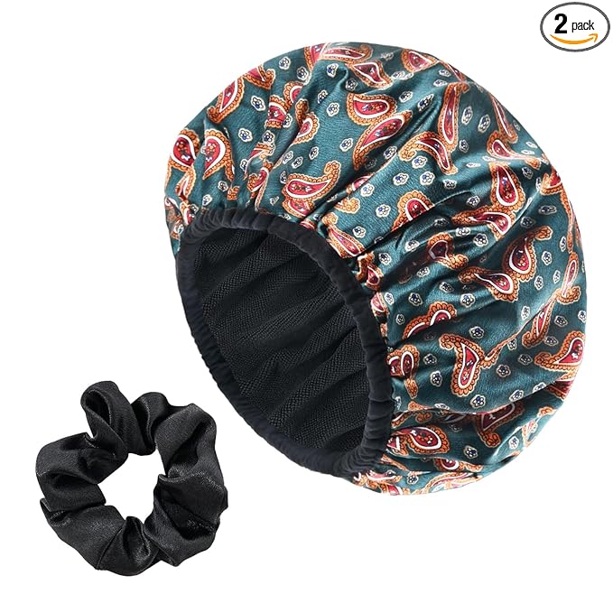 Paisley Satin Shower Cap, Three-Layer Terry Cloth Lined, with Silk Hair Ties, Microfiber Waterproof Reusable Large Size Shower Cap for Women Long Thick Hair (Red Bandana)