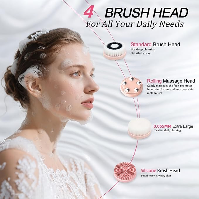 Electric Facial Cleansing Brush with 4 Brush Heads & 5 Speeds - IPX6 Waterproof, Type-C Fast Charging - for Deep Cleansing, Exfoliating, Pore Minimizing & Makeup Removal (Pink)