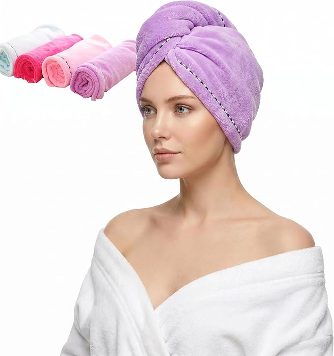Microfiber Hair Towel 4 Pack, Hair Towel Wrap Quick Dry Hair Hat Anti-frizz Head Turban with Button, Wet Curly Hair Towels for Women (Blue & Pink & Purple & Red)
