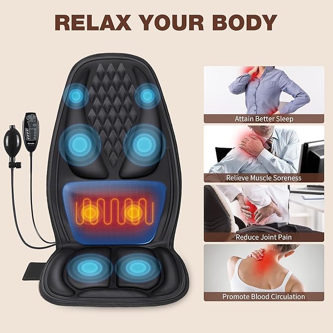 Back Massager with Heat, Massage Seat Cushion with 3D Back Support, 8 Vibrating Motors Massager Chair Pad for Full Body Pain Relief, Ideal Gift for Mother's Day/Lover/Parents/Friends