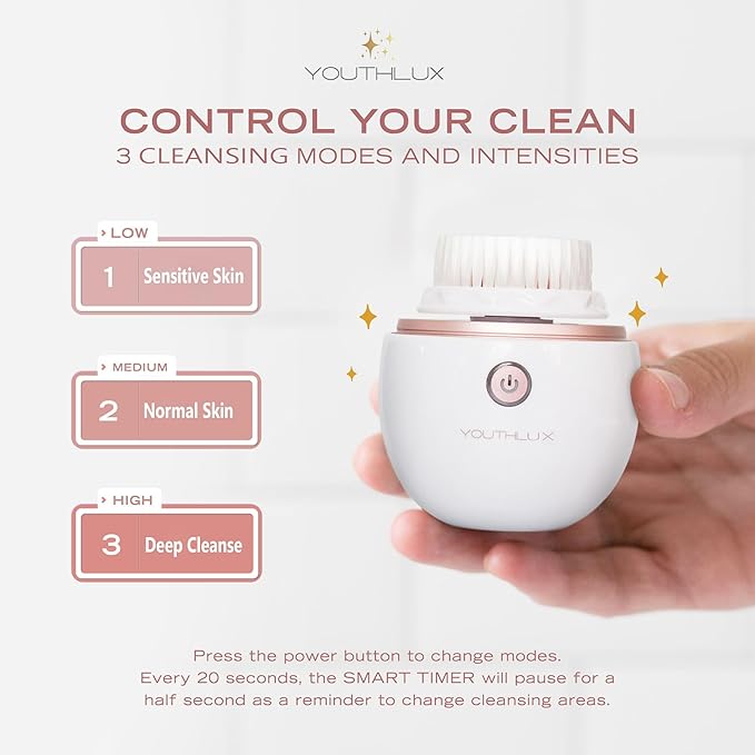 YouthLab Pure Radiance, Vibrating Facial Cleansing Brush, Electric, 3 Modes, 3 Brush Heads (2 Bristle,1 Silicone), Waterproof, Rechargeable, Smart Timer, Exfoliating, Massage (Rose Gold)