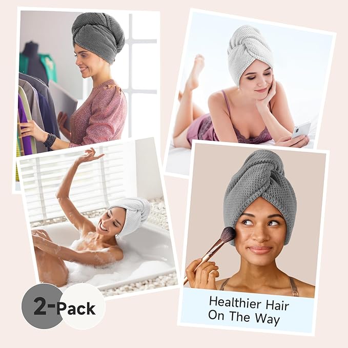 Umisleep 2 Pack Microfiber Hair Towel Wrap for Curly Hair, Super Absorbent Hair Drying Towel for Women, Kids, Hair Care Accessories, Hair Turban for Wet Hair (Grey, White)