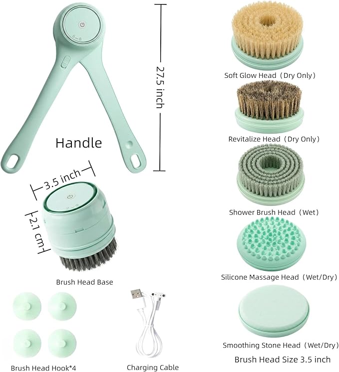 Electric Dry Brushing Body Brush for Lymphatic Drainage: Natural Bristle 5-in-1 Dry Brush with Handle for Cellulite, Exfoliating, Waterproof Back Shower Scrubber for Men/Women
