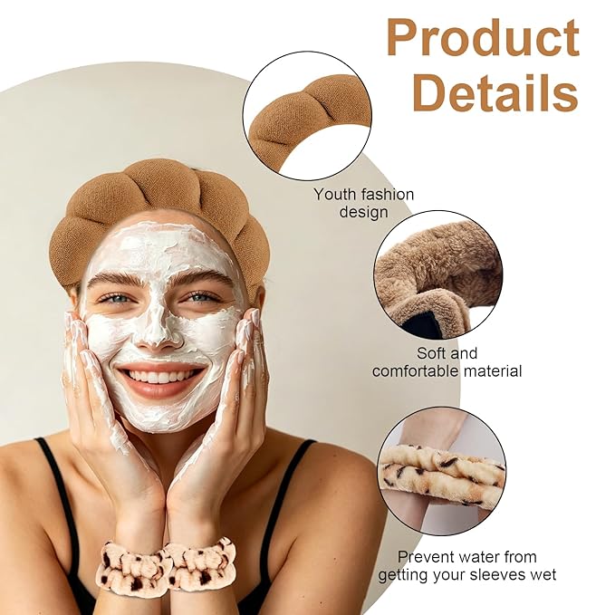 Zkptops 6Pcs Spa Headband for Washing Face Wristband Set Sponge Makeup Skincare Terry Cloth Headband Bubble Soft Cat Ears Hairband Women Puffy Padded Headwear Non Slip Hair Accessory(Khaki)